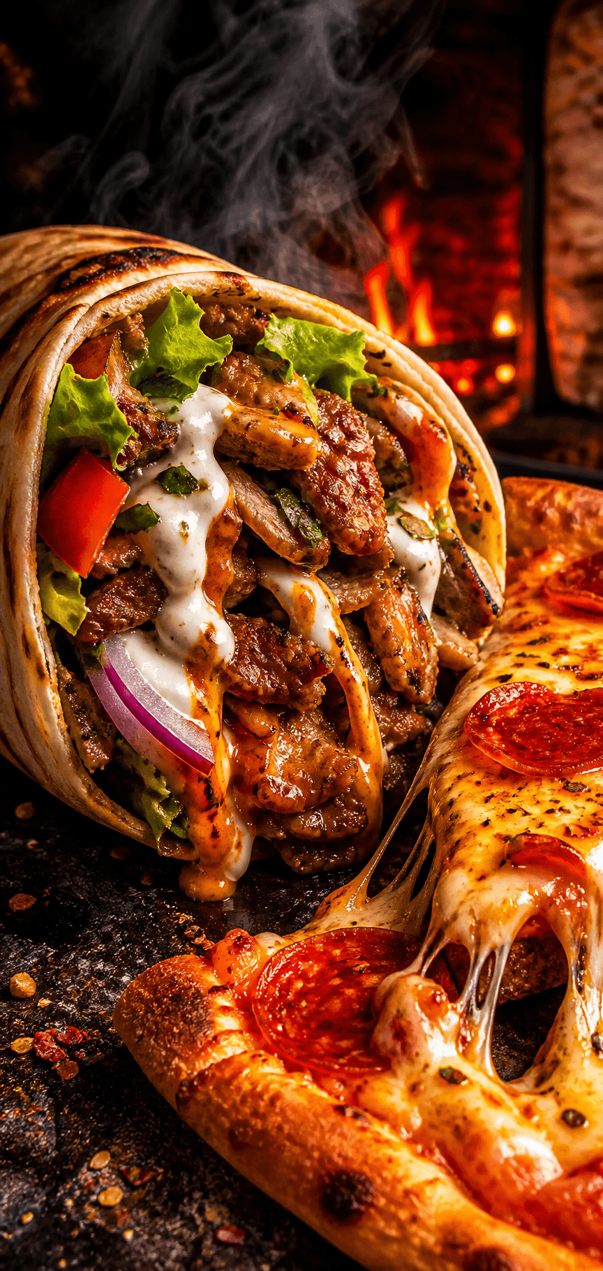 Kebab y pizza calientes con humo, queso fundido, carne y salsa